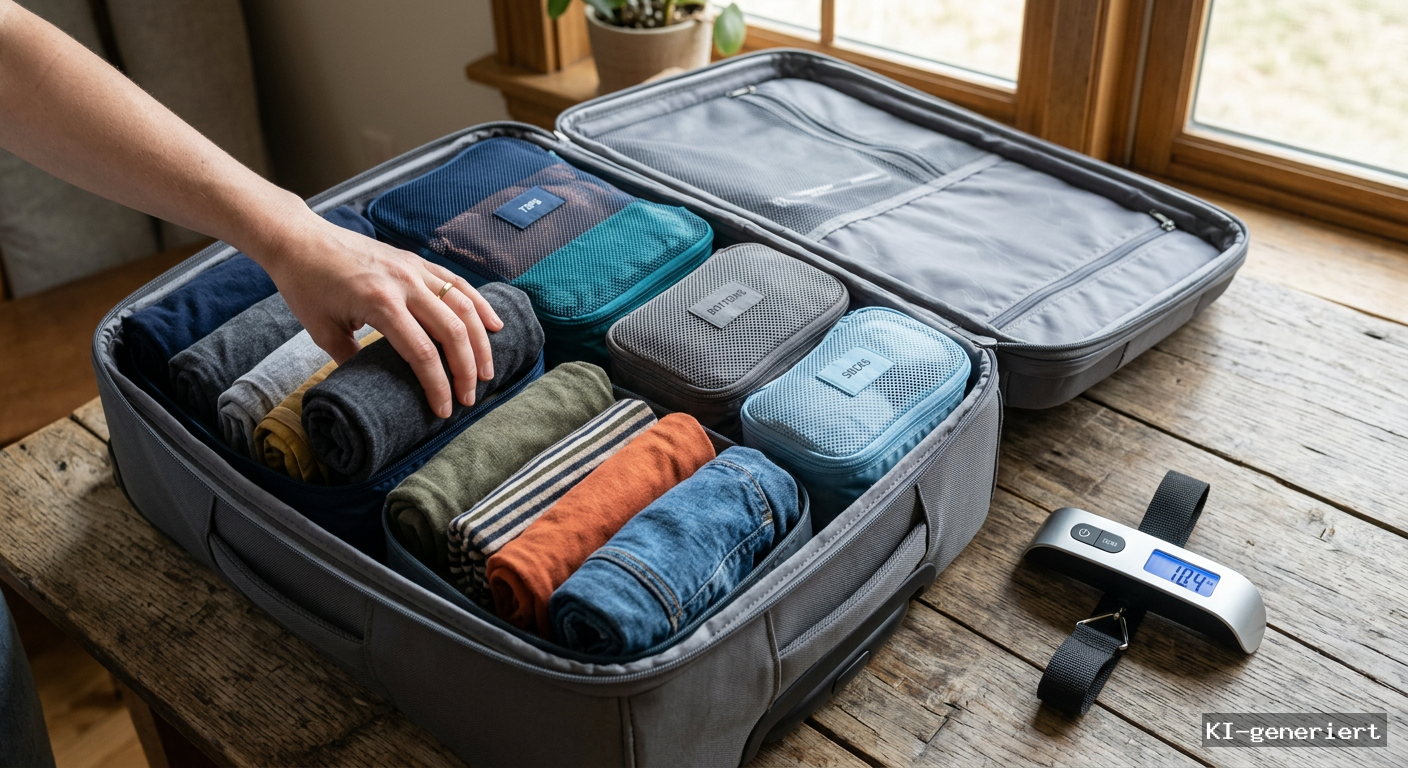 Geöffneter Koffer mit Packwürfeln, eng gerollter Kleidung und kleiner Reisewaage auf Holzfläche
