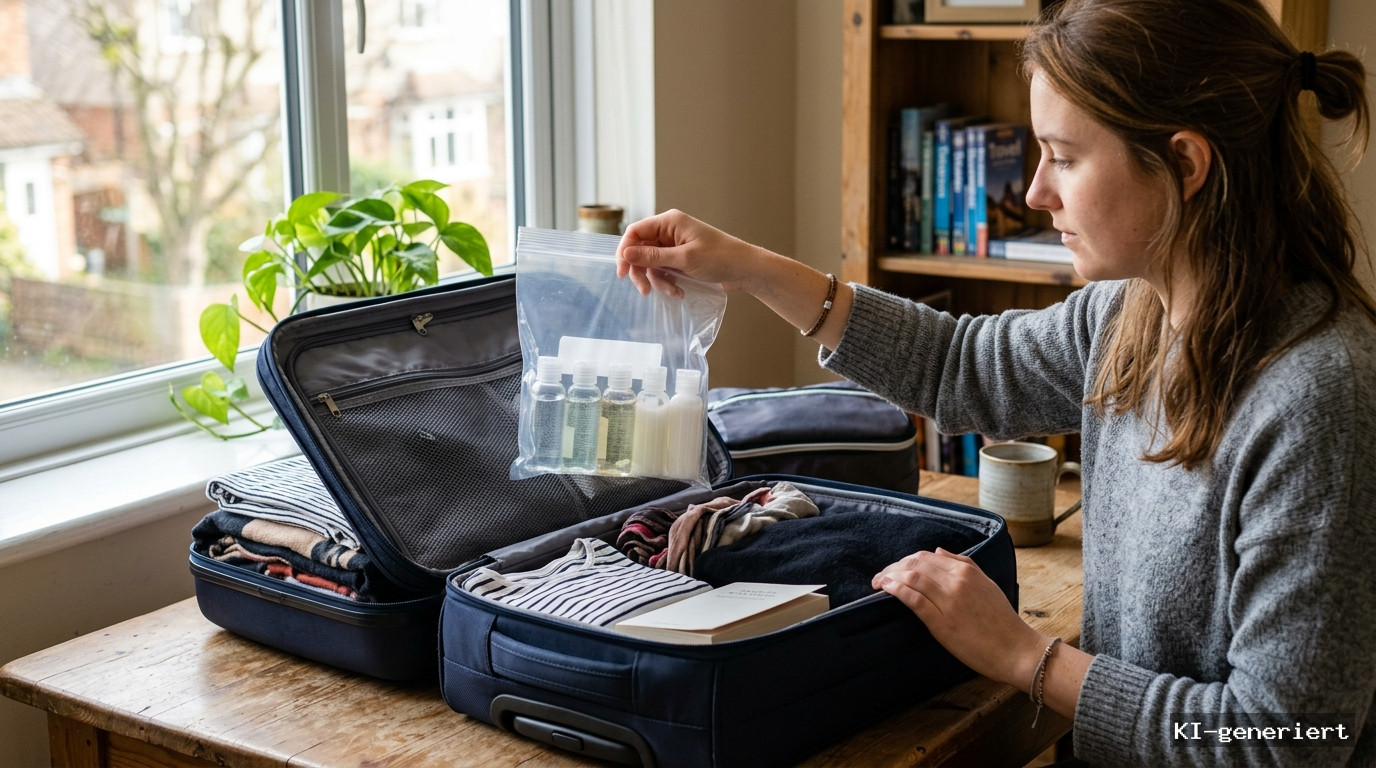 Reisende packt transparente Flüssigkeitsbehälter und einen 1-Liter-Beutel in den Koffer zu Hause