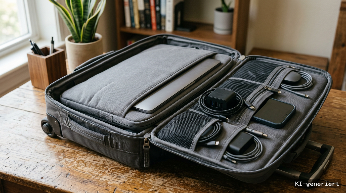 Geordnetes Laptopfach im Trolley mit Laptop, Kabeln, Ladegerät und Smartphone auf einem Holztisch